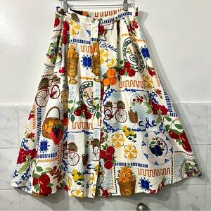 Zara A-Line Fruit Print Pleated Mid Skirt L Cottagecore Euro Summer Country Farm